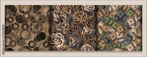 Set of brown camouflage patterns with roses, skulls, gears, chains, halftone. Dense composition with random overlapping elements. Good for t-shirt design, apparel, fabric, textile, sport goods