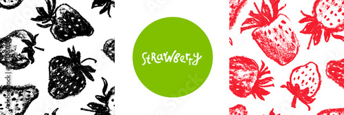 Vector Organic strawberries seamless pattern, strawberry illustrations, hand-drawn berry for vegan banner, juice, jam label design. Ripe berries background for baby food packaging. Strawberry ackdrop.