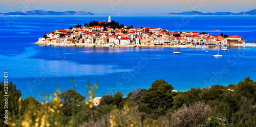 View of an island with a village in the Croatian Adriatic Sea in Istria