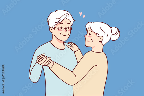 Happy elderly couple dancing together. Smiling mature man and woman enjoy romance and joyful calm retirement. Love and relationships. Vector illustration. 