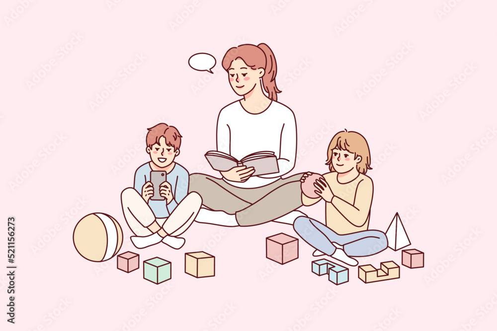 Happy young mother relax together with small kids at home. Mom or nanny rest with little children indoors. Childhood and parenthood. Vector illustration. Happy young mother relax together with small kids at home. Mom or nanny rest with little children indoors. Childhood and parenthood. Vector illustration.