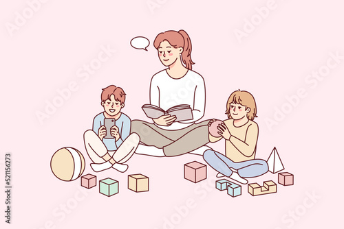 Happy young mother relax together with small kids at home. Mom or nanny rest with little children indoors. Childhood and parenthood. Vector illustration. 