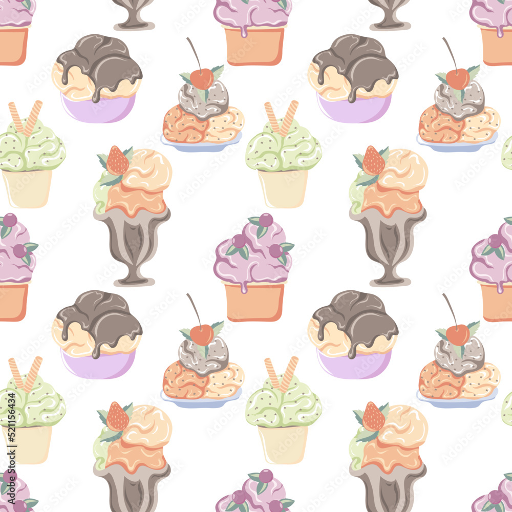 Seamless pattern with different ice cream in a cup. Ideal for fabric, printing, wrapping, decoration. Sweet dessert. Vector illustration Seamless pattern with different ice cream in a cup. Ideal for fabric, printing, wrapping, decoration. Sweet dessert. Vector illustration