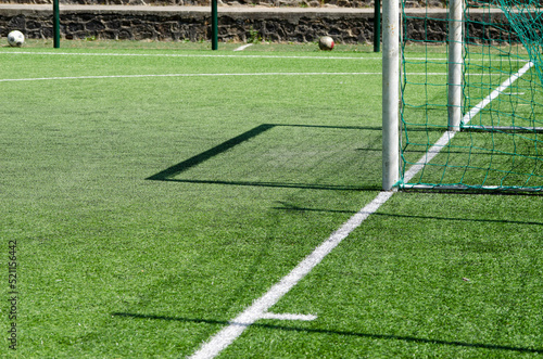 End line and goal of an artificial grass soccer field.