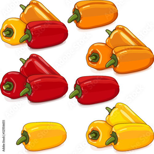 Three each red, yellow, and orange mini sweet peppers for banners, flyers, posters, social media. Capsicum. Fresh organic vegetables. Cartoon style. Vector illustration isolated on white background.