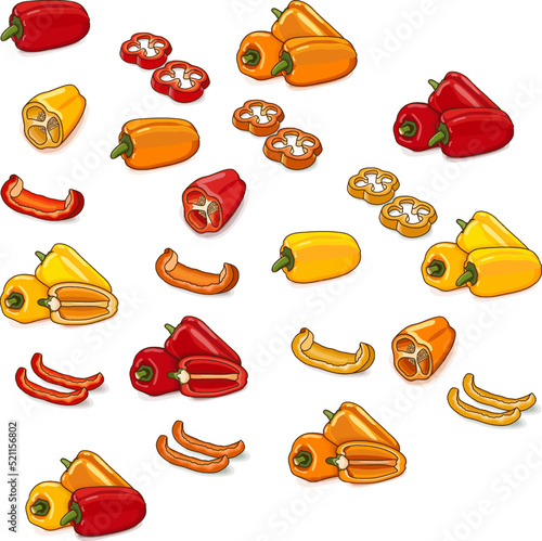Set of red, yellow, and orange mini sweet peppers. Whole, half, sliced and wedges of capsicum. Fresh organic and healthy vegetables. Cartoon style. Vector illustration isolated on white background.