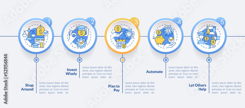 Saving for college tips circle infographic template. Funds. Data visualization with 5 steps. Editable timeline info chart. Workflow layout with line icons. Lato-Bold, Regular fonts used