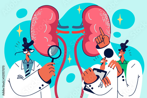 Team of doctors discuss patient body organ 