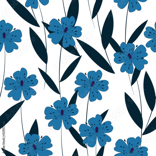 Floral drawing blue flowers with turquoise leaves on a white background. Seamless pattern. Vector.