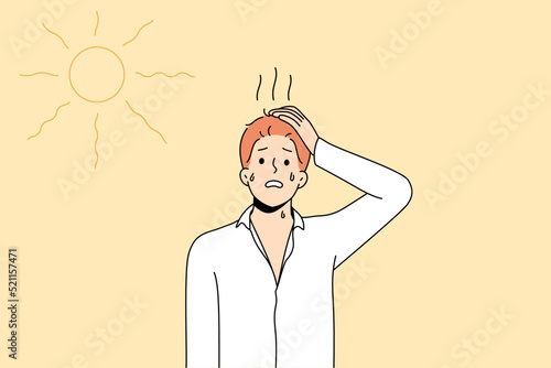 Unhealthy man standing under sun feel dehydrated and overheated in hot weather. Sick male struggle with heatstroke during summer. Health problem. Vector illustration. 