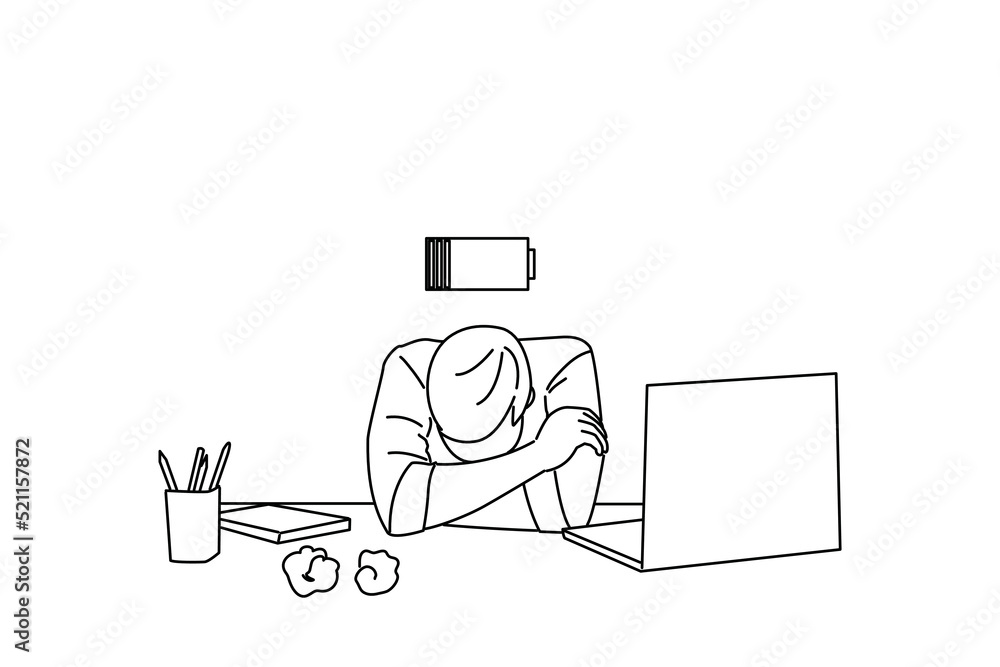 Cartoon of Tired young man work at desk with pc laptop, laid his head down on desk. Outline