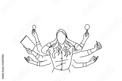 Cartoon of multitask businesswoman sat at the desk in the office. Outline drawing style art