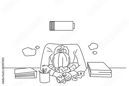 Drawing of exhausted and tired business woman with ringbinders. line art style