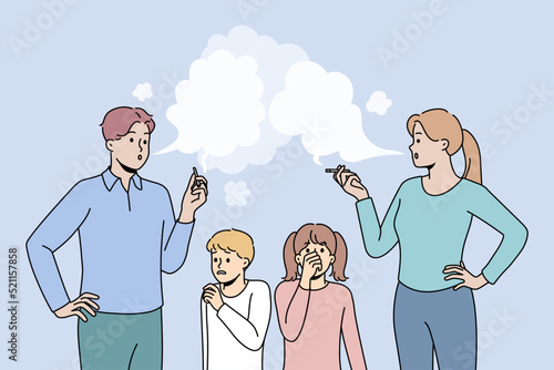 Little children suffer from smoking parents. Kids passive smokers because mother and father with bad habit. Health harm and effect. Vector illustration. 