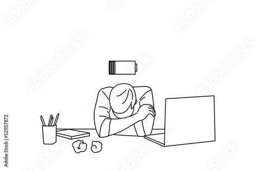 Cartoon of Tired young man work at desk with pc laptop, laid his head down on desk. Outline drawing style art