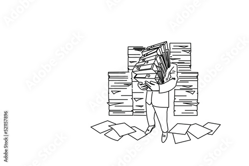 Illustration of Stressed man hold lots of paper and folder. Outline drawing style art