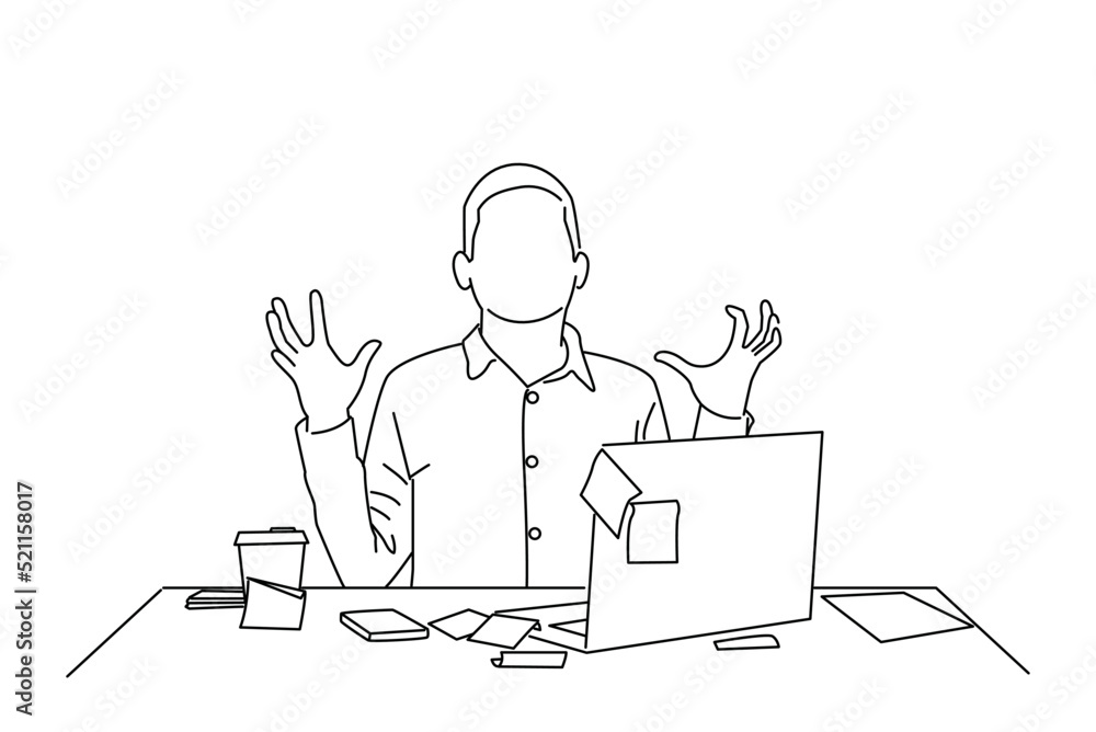 Drawing of Mad crazy man employee sitting in office workplace with sticky notes all around. Outline drawing style art Drawing of Mad crazy man employee sitting in office workplace with sticky notes all around. Outline drawing style art