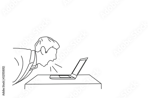 Illustration of Man sitting at the table and screaming at his laptop. line art style