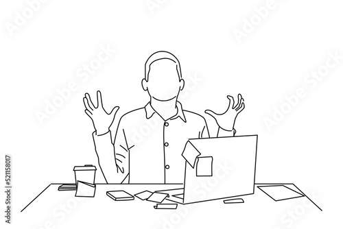 Drawing of Mad crazy man employee sitting in office workplace with sticky notes all around. Outline drawing style art