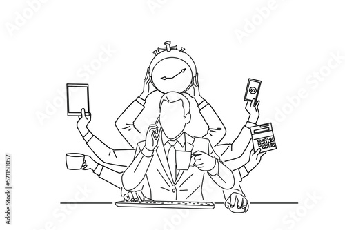 Drawing of Businessman with many hands works simultaneously. line art style