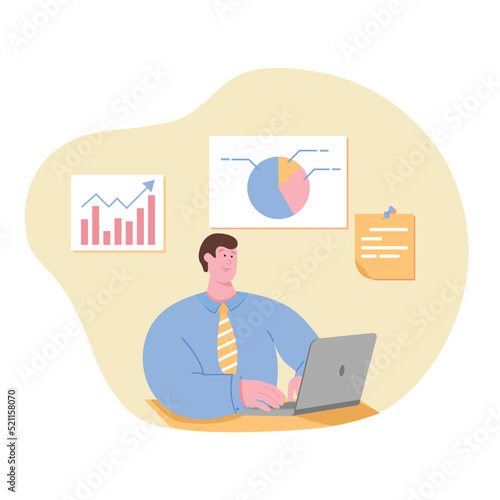 Logical thinking. Businessman works with analytics. Business data analysis and effective management concept. Analyst analyzing information, graphs.   Flat vector illustration isolated on white backgro