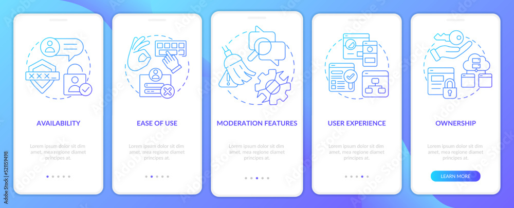 Commenting system attributes blue gradient onboarding mobile app screen. Walkthrough 5 steps graphic instructions with linear concepts. UI, UX, GUI template. Myriad Pro-Bold, Regular fonts used