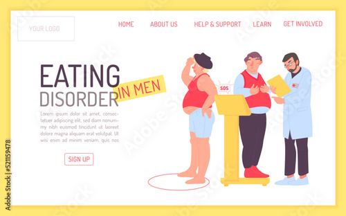 Male characters are suffering from eating disorder. Vector illustration