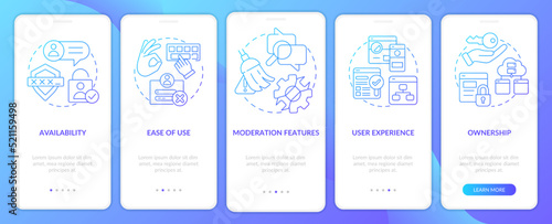 Commenting system attributes blue gradient onboarding mobile app screen. Walkthrough 5 steps graphic instructions with linear concepts. UI, UX, GUI template. Myriad Pro-Bold, Regular fonts used
