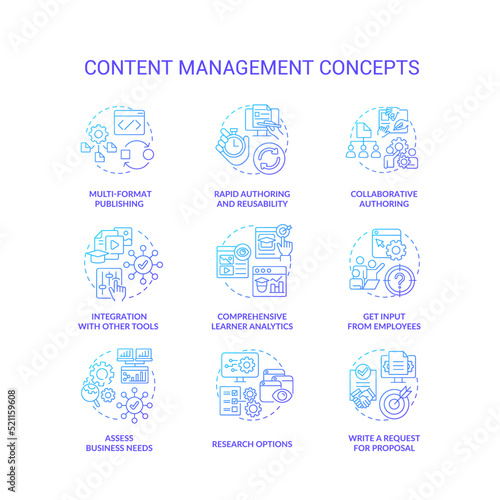 Content management blue gradient concept icons set. LMS, CMS functionalities idea thin line color illustrations. Social media. Ecommerce. Isolated symbols. Roboto-Medium, Myriad Pro-Bold fonts used