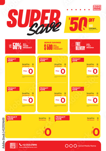 product flyer template design with super save promo