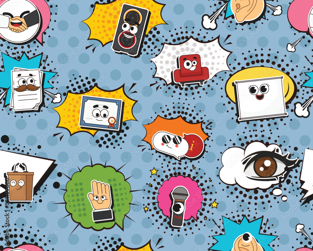 Vector flat seamless texture pattern Hand drawn flat trendy cartoon elements collection seminar Vector flat seamless texture pattern Hand drawn flat trendy cartoon elements collection seminar