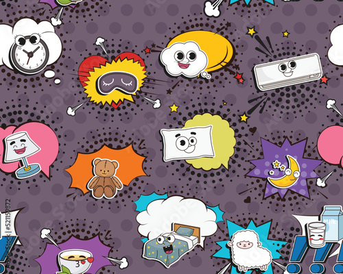Vector flat seamless texture pattern Hand drawn flat trendy cartoon elements collection sleep better