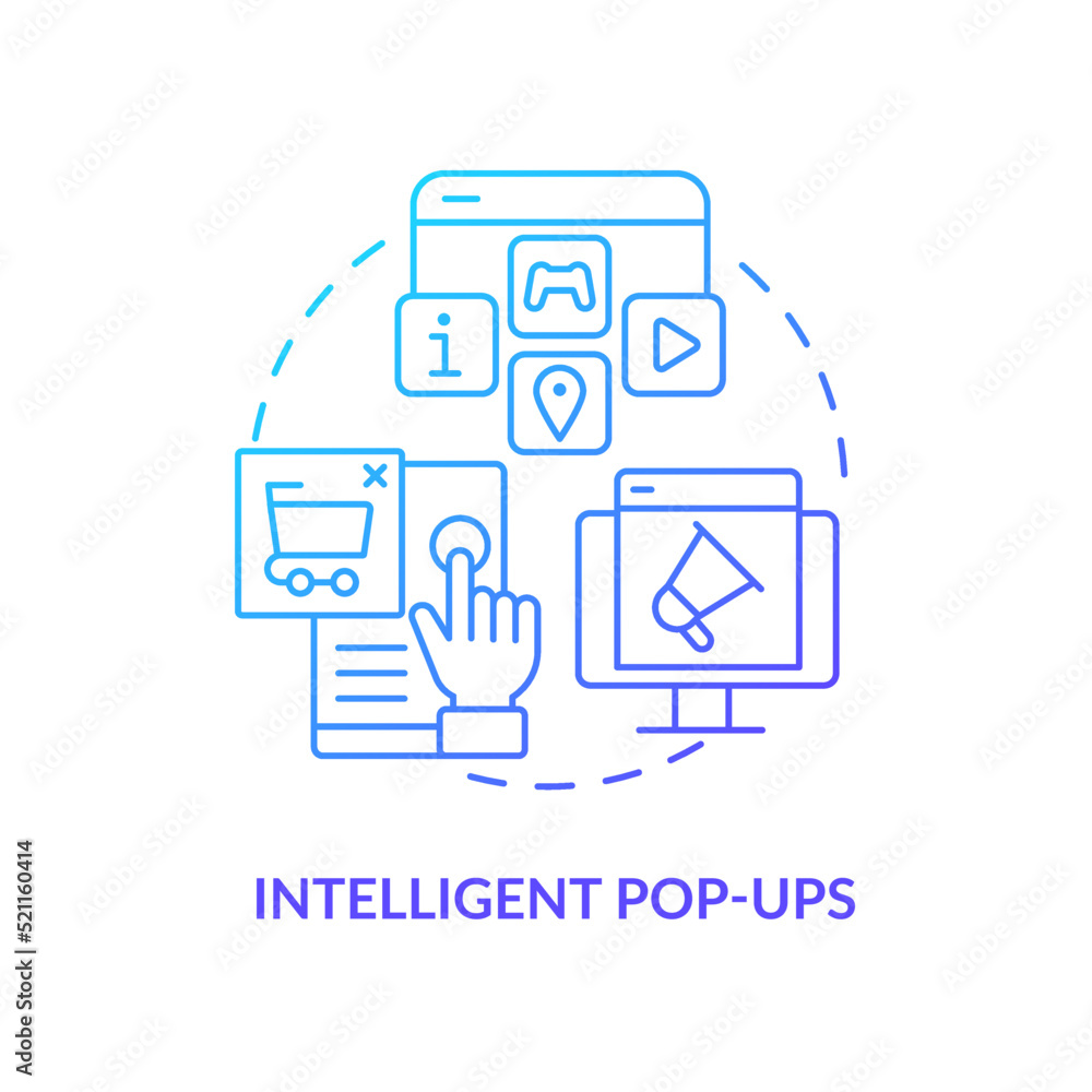 Intelligent pop-ups blue gradient concept icon. Boosting conversation with dynamic content abstract idea thin line illustration. Digital marketing. Isolated outline drawing. Myriad Pro-Bold font used Intelligent pop-ups blue gradient concept icon. Boosting conversation with dynamic content abstract idea thin line illustration. Digital marketing. Isolated outline drawing. Myriad Pro-Bold font used
