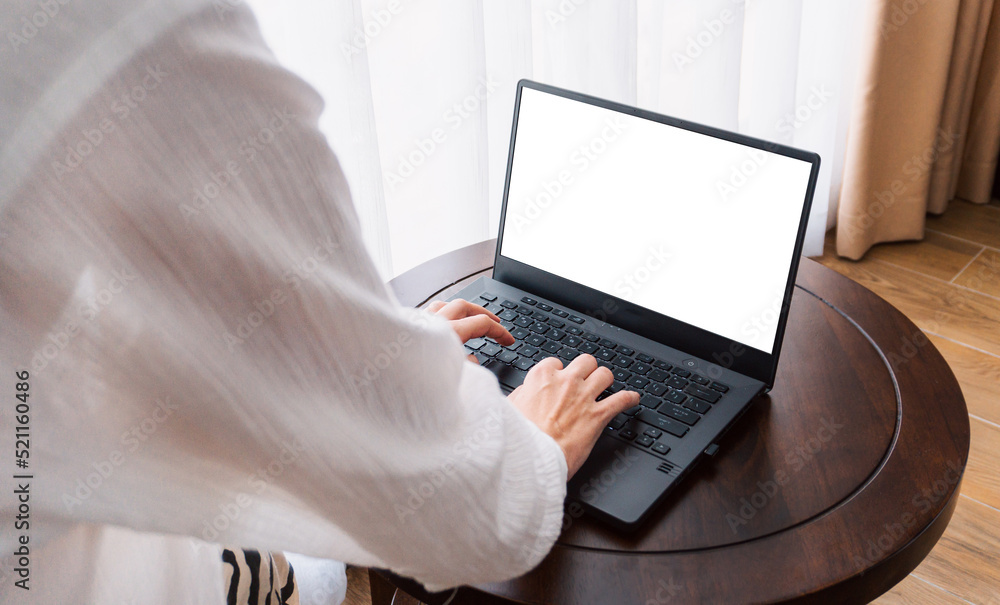 A woman working on a laptop, closeup of her hands and keyboard, the blank screen in the form of a clean template, businesswomen in the office on a light background.