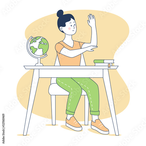Girl raising hand at a desk. Smiling girl studies at school. Line art.
