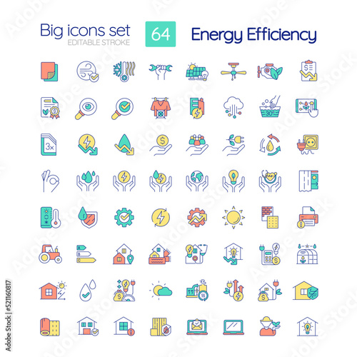 Energy efficiency RGB color icons set. Power conservation. Sustainability. Isolated vector illustrations. Simple filled line drawings collection. Editable stroke. Quicksand-Light font used © bsd studio