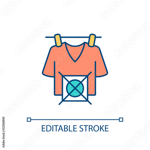 Do not tumble dry RGB color icon. Tshirt and laundry symbol. Careful clothes washing. Household chore. Isolated vector illustration. Simple filled line drawing. Editable stroke. Arial font used