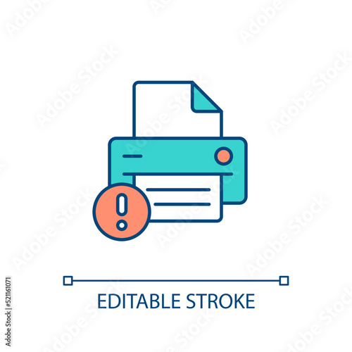 Printing error RGB color icon. Fax and printer breakage. Troubleshooting service. Office appliance. Isolated vector illustration. Simple filled line drawing. Editable stroke. Arial font used