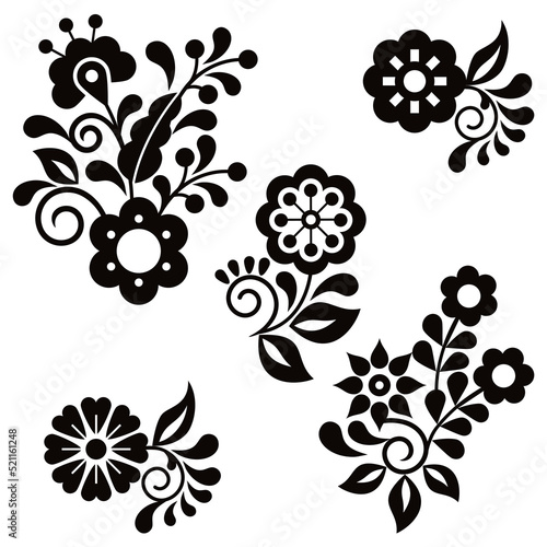 Floral folk art style vector design elements perfect for greeting card on invitation, inspired by traditional embroidery from Mexico in black and white
 