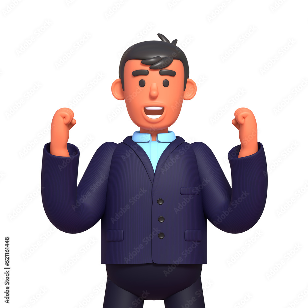 3d render of businessman in dark suit celebrating success or achievement 3d render of businessman in dark suit celebrating success or achievement