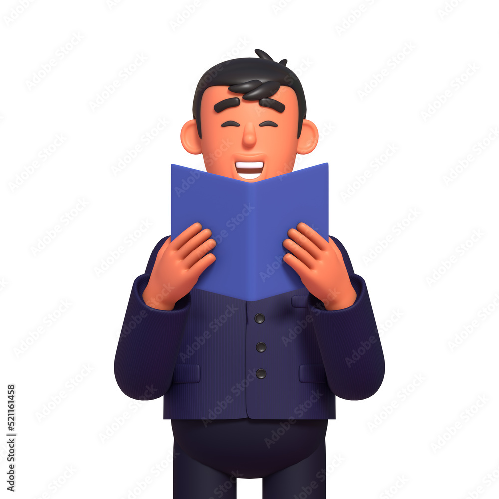 3d render of businessman in dark suit reading a book and laughing 3d render of businessman in dark suit reading a book and laughing