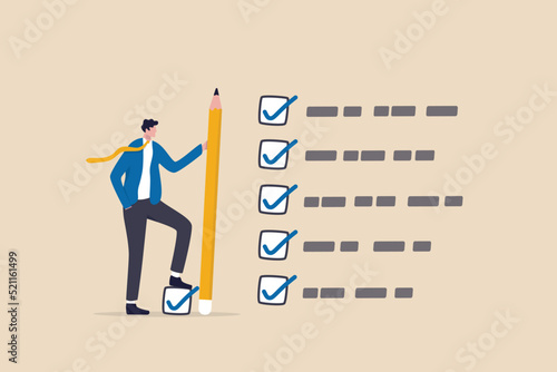 Getting things done, completed tasks or business accomplishment, finished checklist, achievement or project progression concept, businessman expert holding pencil tick all completed task checkbox.