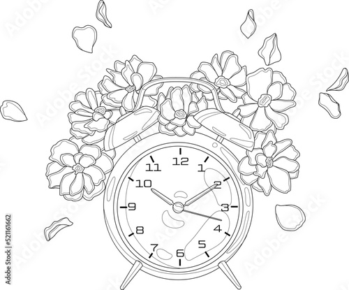 Realistic retro alarm clock with flowers and petals sketch template. Graphic vintage vector illustration in black and white for games, background, pattern, decor. Coloring paper, page, story book