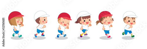 徒競走をする可愛い小さな子供たちのイラスト　セット　クリップアート　白背景　全身　人物