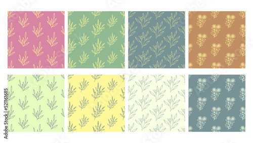 Simple floral leaf and flower seamless patterns in combination of pink, blue, pale yellow pastel color. Suitable for scrapbook, product design, wrapping, packaging, background