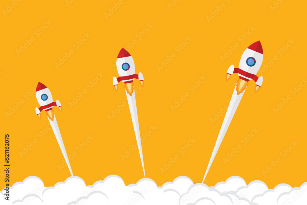 App launch. Startup vector concept, flat cartoon rocket or rocketship ...