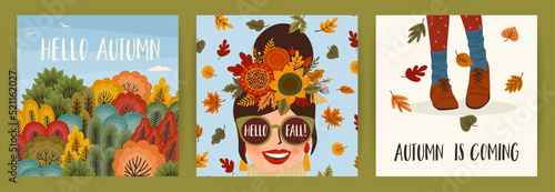 Set of autumn illustrations with cute girl. Vector design for card, poster, flyer, web and other