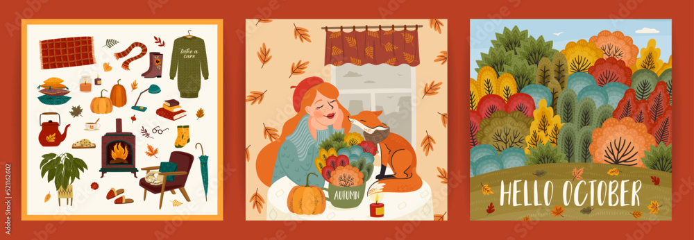 Set of autumn illustrations with cute girl. Vector design for card, poster, flyer, web and other