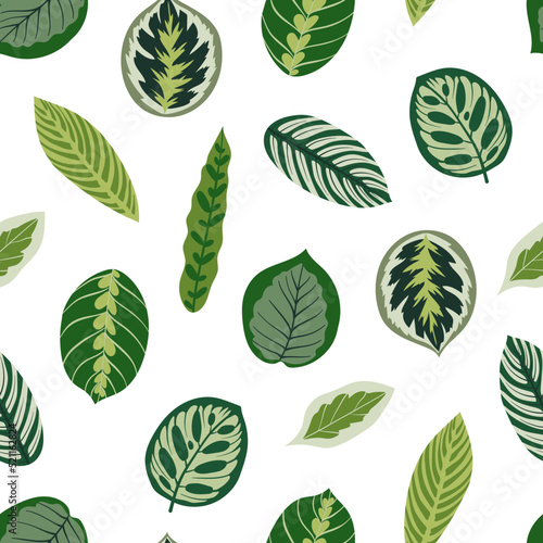 Seamless pattern with green leaves. Hand drawn vector background. Texture for print, textile, fabric, packaging.