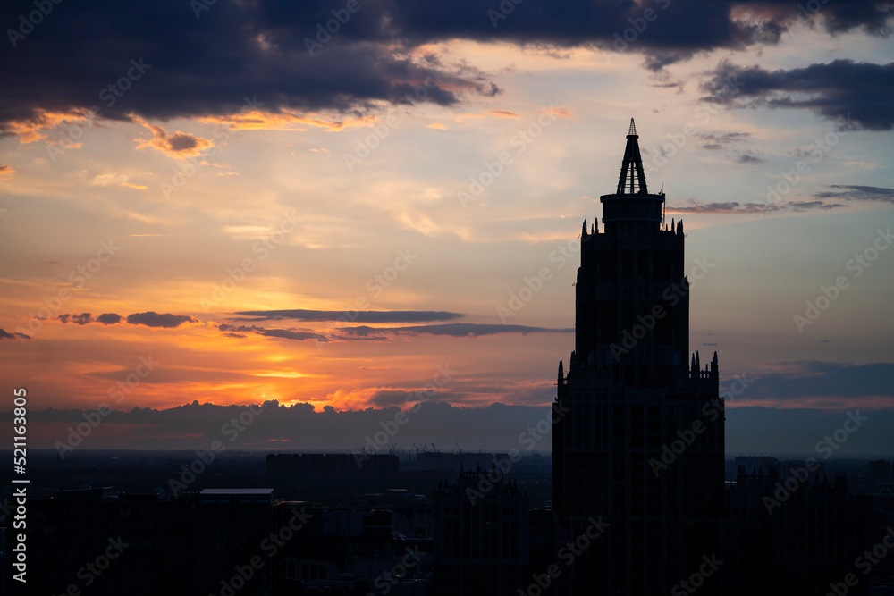 Orange sky at sunset after rain in Kazakhstan. High quality photo